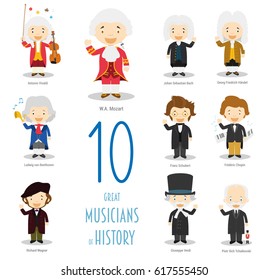 Kids Vector Characters Collection: Set of 10 Great Musicians of History in cartoon style.