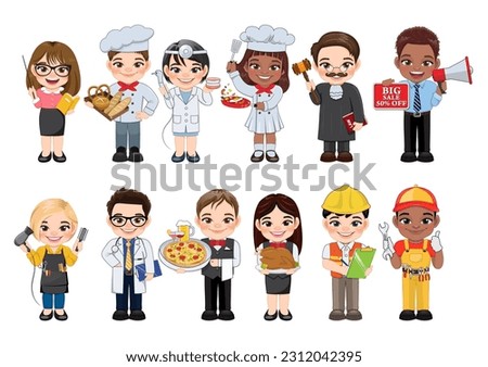 Kids Vector Characters Collection with Set of 12 Different Professions or Occupation in Flat icon Style