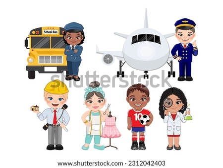 Kids Vector Characters Collection with Set of 6 Different Professions or Occupation in Flat icon Style