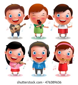 Kids vector characters playing musical instruments like guitar, violin, drums, flute and listening music isolated in white background with notes. Vector illustration.
