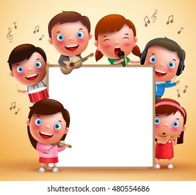 Kids vector characters playing musical instruments and singing with blank white board for text. Vector illustration.
