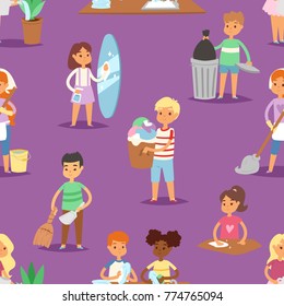Kids vector cleaning rooms and helping their mums housework cartoon characters clean up illustration colorful set seamless pattern background