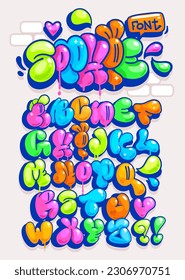 Juego de letras de colofrul vectoriales para niños. Tipo de letra de caricatura ilustrativa en el estilo de los fragmentos de graffiti 