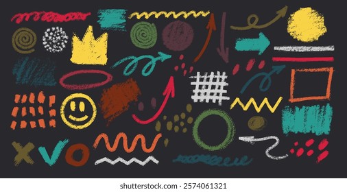 Kids vector color paint square, arrow, spiral element shape scribble line brush hand drawn sketch design. Set of arrow brush line stroke color. Grunge template chalk, crayon pencil style illustration.