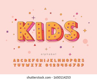 Kids vector colorful font and and alphabet. Set of 3d letters and numbers for childrens parties, invitations, birthday cards.