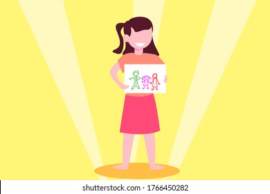 Kids vector concept: girl showing a drawing of her happy family