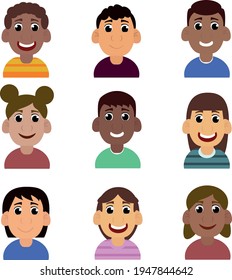 KIDS VECTOR FACES. SMILING CHILDREN ILLUSTRATION.DIVERSITY GIRL AND BOY