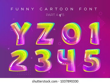 Kids Vector Font in Cartoon Style. Bright and Colorful 3D Letters. School Funny English Alphabet Illustration. Children ABC in Green, Pink, Blue Colors. Rounded Type for Game Design, Word Card, Party.