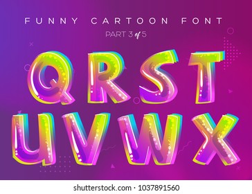 Kids Vector Font in Cartoon Style. Bright and Colorful 3D Letters. School Funny English Alphabet Illustration. Children ABC in Green, Pink, Blue Colors. Rounded Type for Game Design, Word Card, Party.
