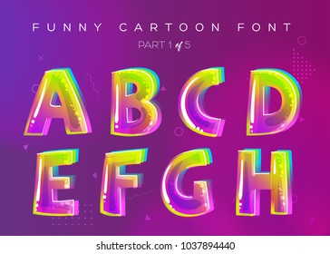Kids Vector Font in Cartoon Style. Bright and Colorful 3D Letters. School Funny English Alphabet Illustration. Children ABC in Green, Pink, Blue Colors. Rounded Type for Game Design, Word Card, Party.