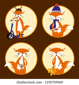 Kids vector foxes. Children vector illustration. Set of cute cartoon autumn foxes. 
