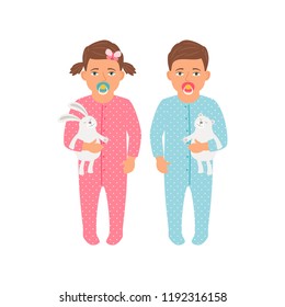 Kids vector icons set. Toddler bay and girl with toy animals in their hands, on white background