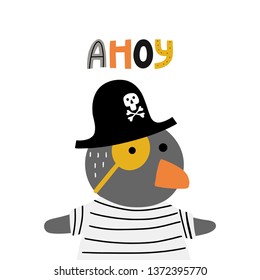 Kids vector illustration of a cute funny penguin in a pirate hat, with word - ahoy, Isolated on a white background. Concept for children print.