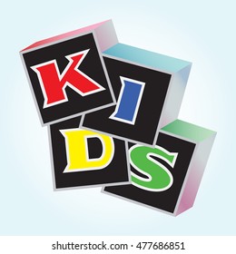 KIDS. Vector illustration. Kids cute vector inscription. Child logo vector. Inscription KIDS on the children's blocks.