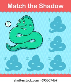 Kids vector illustration educational puzzle game to Match the Shadow of a cute green smiling eel or sea snake with five choices of silhouette from which to choose