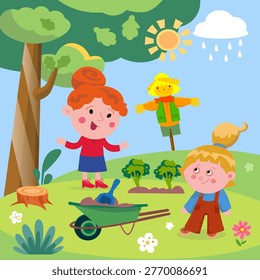 Kids vector illustration featuring two girls gardening with cute scarecrow in sunny backyard. Colorful cartoon scene displays garden bed wheelbarrow and summer rain cloud creating cheerful atmosphere