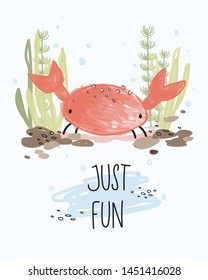 Kids vector illustration of funny cute crab with plants under the ocean. Graphic elements for kids fashion design. Childish hand drawn cartoon octopus for greeting card, invitation, poster, wallpaper.