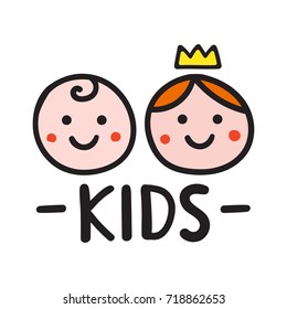 Kids. Vector logo, badge hand drawn for print design, lettering illustration, text with boy and girl icons on white background.
