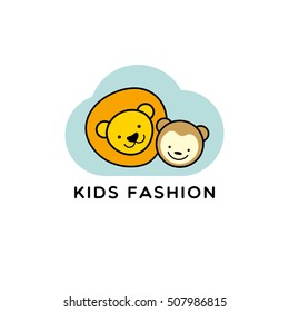  Kids vector logo design template in flat cartoon style - suitable for kid and children stores and products - lion and monkey mascots.