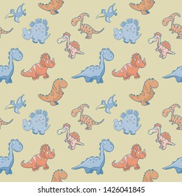 Kids vector pattern with funny cute dinosaurs.