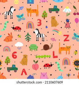 Kids vector repeat pattern with a medley of everyday objects, animals, flowers, bugs and more. Fun modern happy baby print.