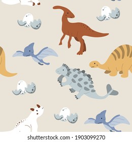 Kid's vector seamless pattern with cute dinosaurs. Creative background for fabric, textile