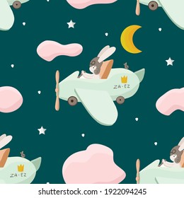 Kids vector seamless pattern. Cute little bunny flying on a plane. Can be used for baby t-shirt pattern, kids wear, post card, wallpaper, wrapping paper. Children illustration.
