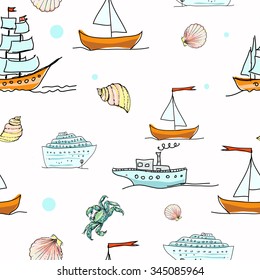 Kids vector seamless pattern with frigate and steamship, crab, shell