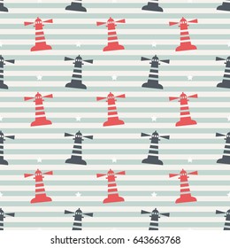 Kids vector seamless pattern with lighthouses. Retro marine pattern. 