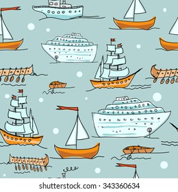 Kids vector seamless pattern with ships, frigate and steamship