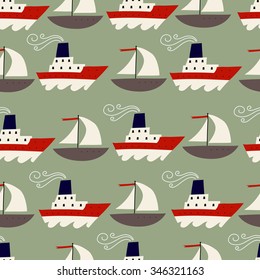 Kids vector seamless pattern with ships and steamships on green background. Cute childish Vector background.