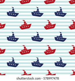 Kids vector seamless pattern with steamships. Marine pattern. Can be used for wallpapers, pattern fills, web page backgrounds, surface textures, textile, wrapping.