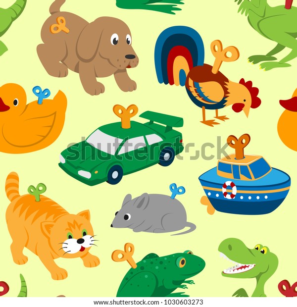 Kids vector toys clockwork\
key mechanism mechanic cartoon animals in toyshop for child clock\
work car and boat in playroom illustration seamless pattern\
background