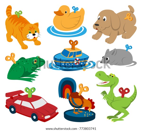 Kids vector toys clockwork\
key mechanism mechanic cartoon animals in toyshop for child clock\
work car and boat in playroom illustration isolated on white\
background