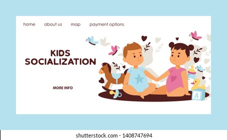 Kids vector web page children girl boy characters in first love backdrop cartoon loving baby illustration landing web-page childhood friendship child playing kissing background card on valentines day.