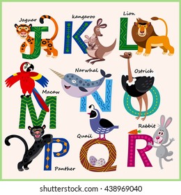 Kids vector Zoo alphabet with animals in cartoon style on a white background. Part 2.