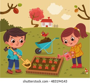 Kids In The  Vegetable Garden (Vector Illustration)