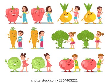 Niños con verduras. Nutrición saludable. Comida natural. Niños felices o tristes. Grandes caracteres de producto. Pimienta y cebolla. zanahoria fresca. Actitud positiva y negativa