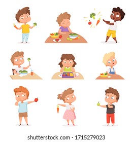 Kids And Vegetables. Little Hungry Children Eating Fast Food Dont Like Fruits And Healthy Products Vector Cartoon Characters