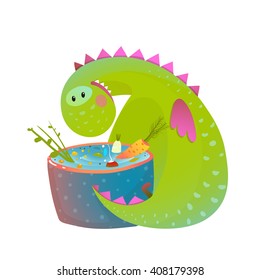 Kids vegetarian baby dragon eating cooking fun cute cartoon. Dinosaur for children, funny happy vegetarian food drawing. Vector illustration.