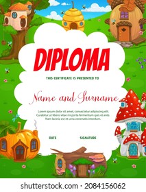 Kids vertical diploma with cartoon beehive, mushroom and pumpkin, stump and acorn fairy houses or dwellings. Kindergarten kids diploma vector certificate or achievement award with fairytale houses
