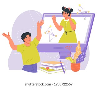 Kids video chat and online communicating via video call app, flat vector illustration isolated on white background. Boy and girl greeting each other in video conference.