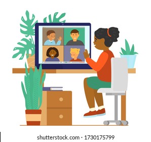 Kids videoconference chat. Different ethnicity children connecting. Online communication. Flat vector illustration.