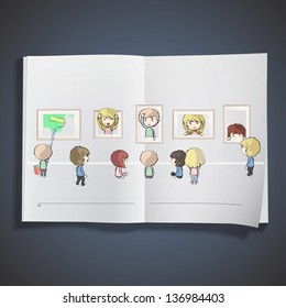 Kids view a museum inside a book. Vector design