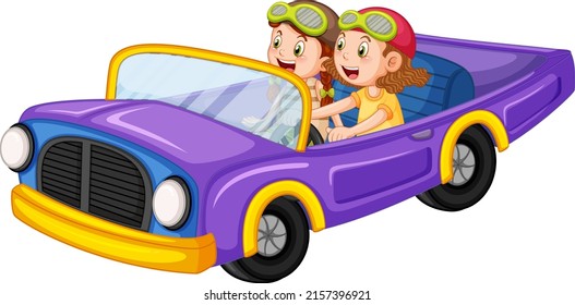 Kids in vintage car in cartoon design illustration