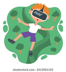 Kids virtual reality. Boy in vr glasses. Digital education and entertainment equipment. Electronic gadget. Interactive simulation. Cyberspace technology. Cartoon flat