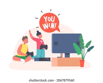 Kids Virtual Reality Entertainment, Gaming Fun, Hobby. Little Boy and Girl Playing Video Games. Happy Children Character Sit front of Tv Set with Joysticks in Hands. Cartoon People Vector Illustration