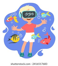 Kids virtual reality. Happy boy with VR glasses. Innovation augmented technology. Underwater nature and fish interactive studying. Cyberspace simulation. Futuristic