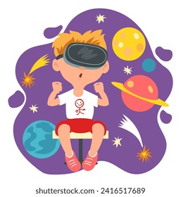 Kids virtual reality. Happy boy with VR glasses. Child looking at planets and comets. Innovation augmented technology. Cyberspace simulation device. Futuristic education