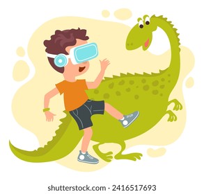 Kids virtual reality. Happy boy with VR glasses. Child playing with dino. Prehistoric reptile. Augmented technology. Futuristic travel or study. Cyberspace simulation